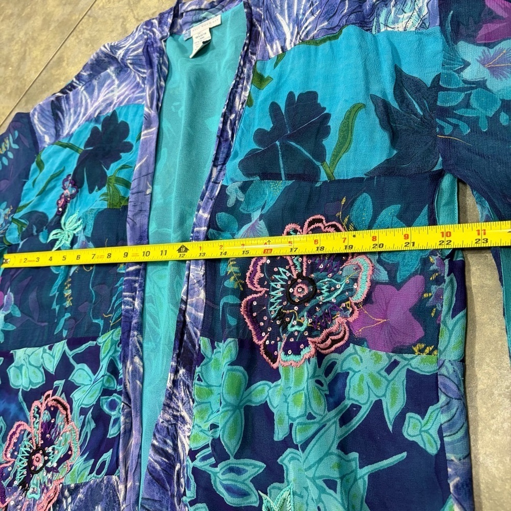 Half Moon Bay Womens Blue Floral Beaded Embroidered Open Kimono Sz L Boho Hippie - Picture 10 of 13